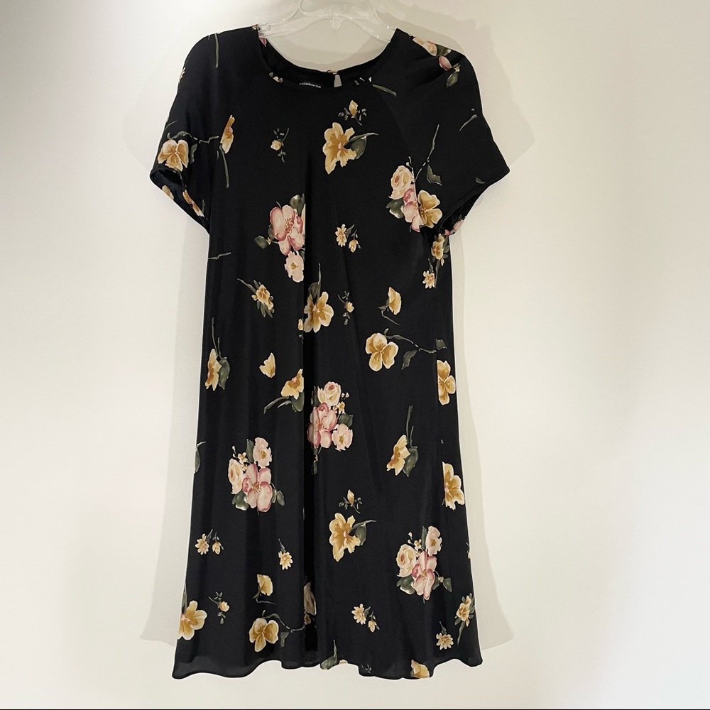 Liz Claiborne 100% Silk Black Floral Print Shift Dress Size 10P